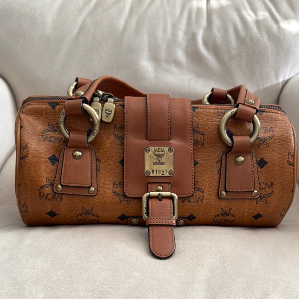 MCM Cognac Monogram Barrel Bag